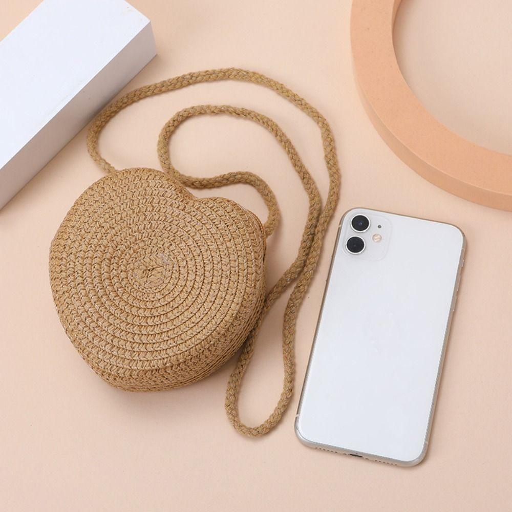 High Quality Woven Straw Shoulder Bags Cute Travel Crossbody Bag Lightweight Heart Shape Beach Bag for Children