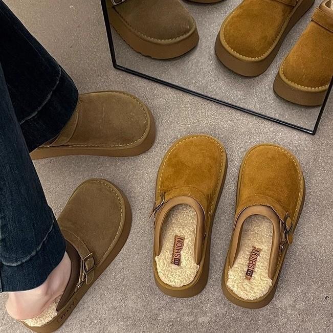 Stylish, Simple and Versatile Baotou Drag Women 2025 Autumn and Winter New Outer Wear Belt Buckle Thick Sole Height Increase Home Mao Mao Shoes