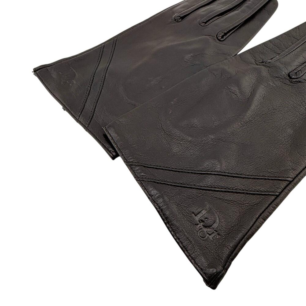 Dior All Leather Logo Embossing Leather Gloves Black Leather Women Used