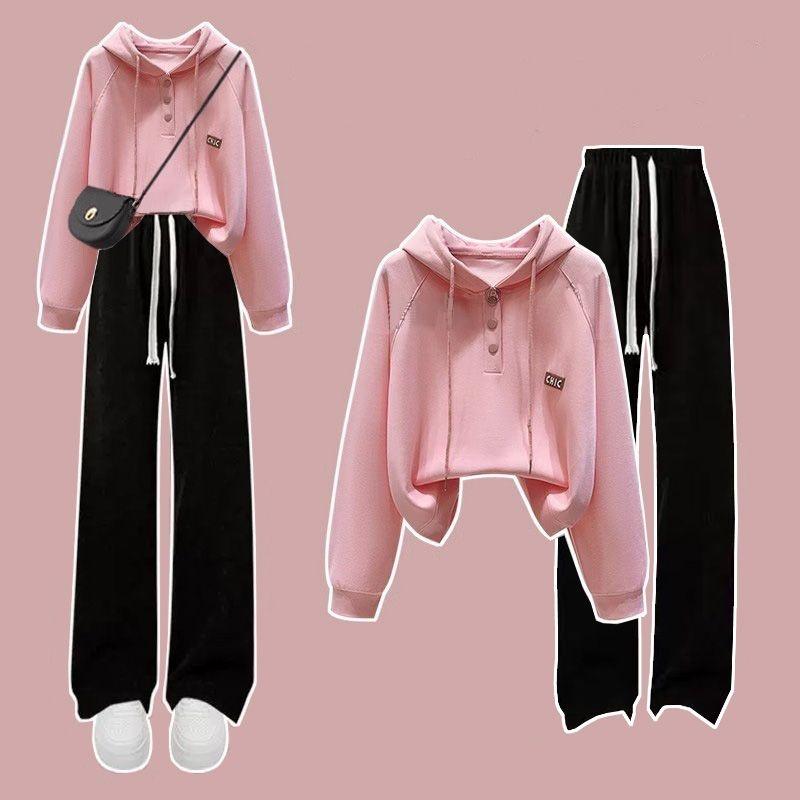 

Весняний костюм жіночий корейська версія вільного коледжного стилю худі + повсякденні широкі штани костюм-двійка S рожевий