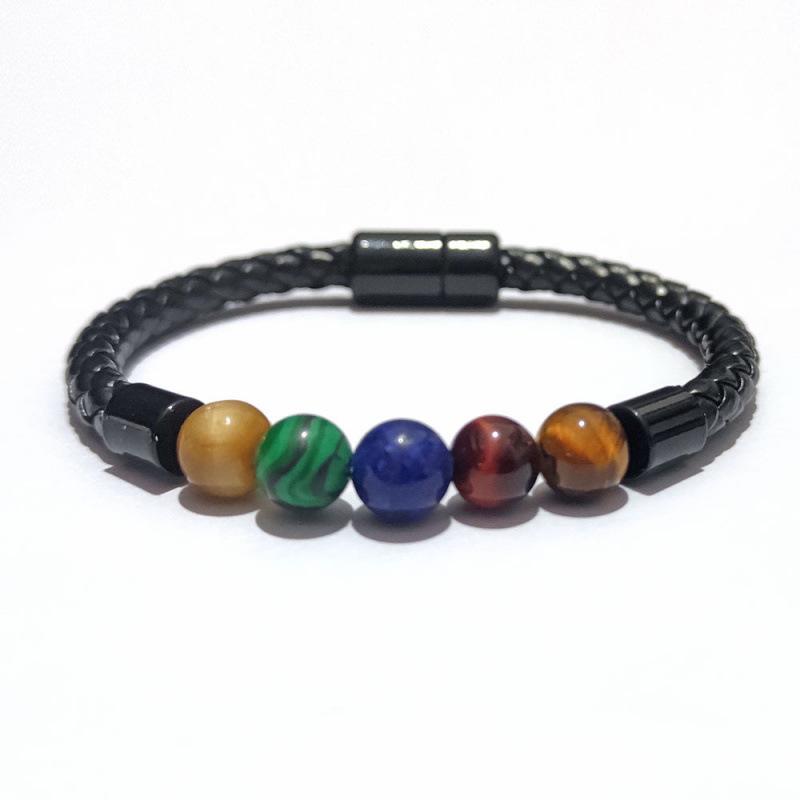 New European & American Men's Stone Beaded Leather Bracelet with Magnetic Buckle