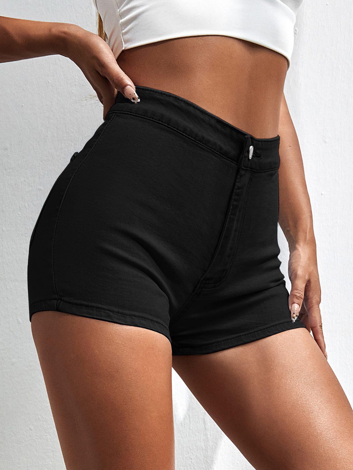 

Slim Fit High Waist Women s Denim Shorts - Solid Color, Spicy European and American Style Extra Large чёрный
