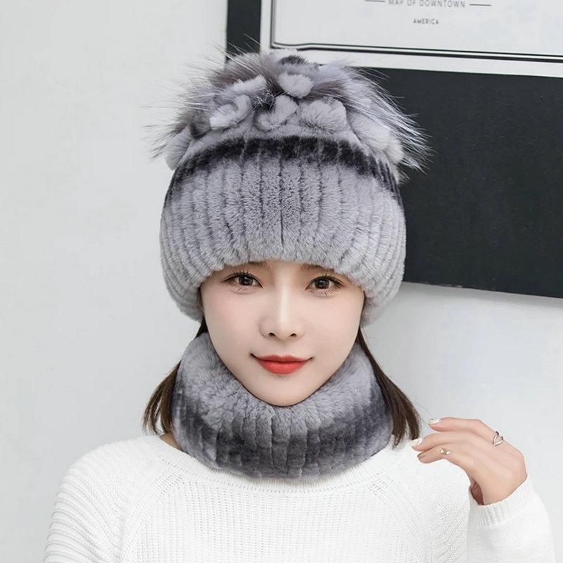 New Rex Rabbit Hair Knitted Hat Women's Autumn and Winter Thickened Ear Protection Warm Elastic Knitted Fur Hat Scarf