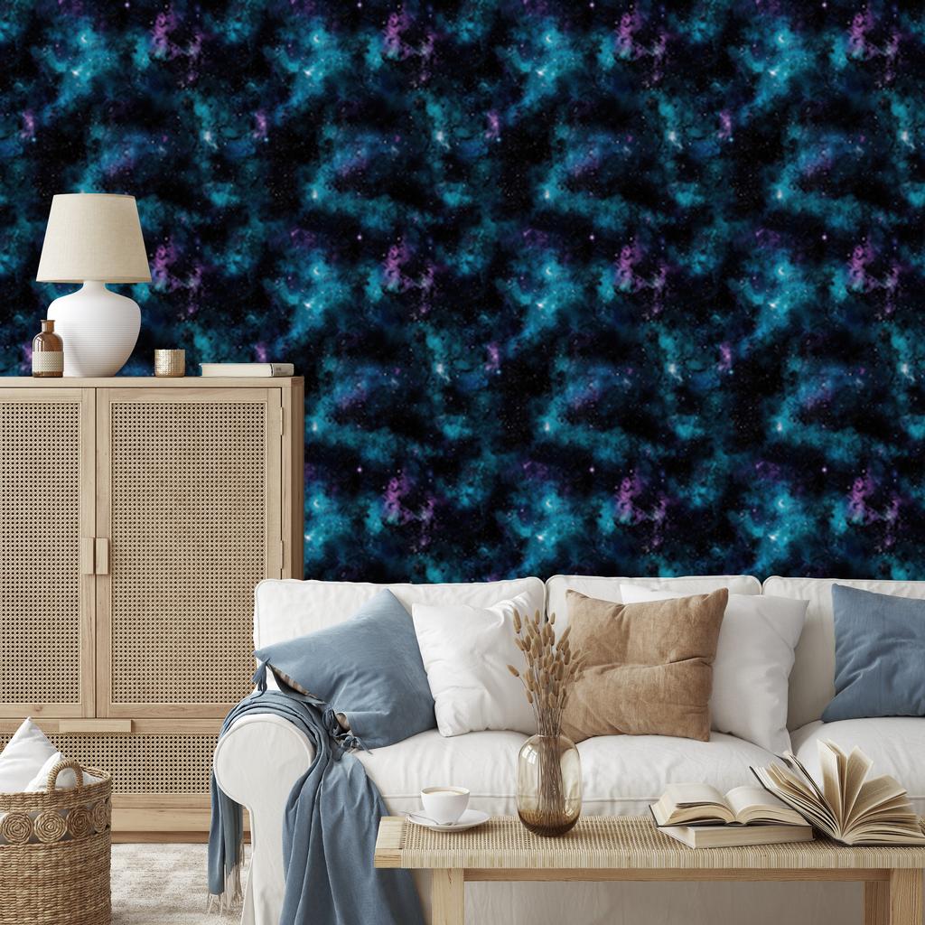 Watercolor Galaxy Wallpaper Navy Blue, Black and Turquoise 50x1000