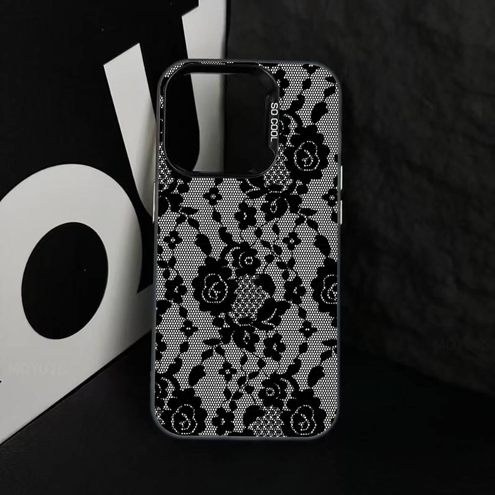 B-Black lace print Phone Case For iPhone 17,16,15,14,13,12,11 Plus,Pro Max,XS,Colorful Silver Black Cover