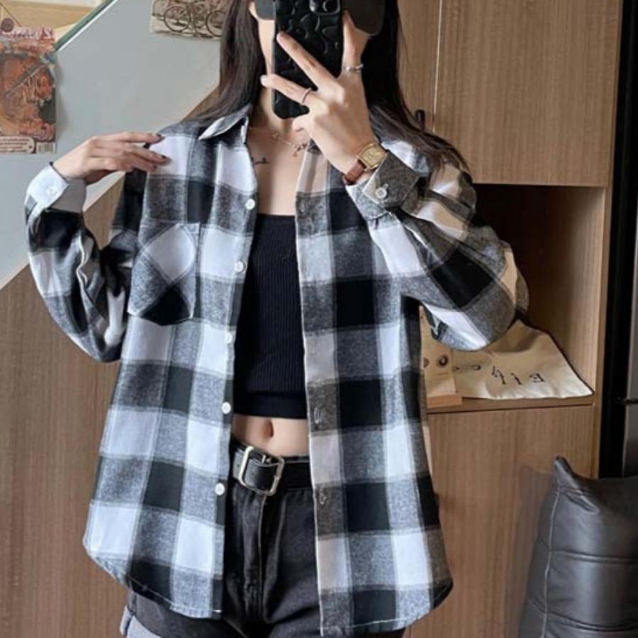 Frühling Herbst Retro Langarm Kariertes Hemd Modisches Loses Vielseitiges Freizeithemd Blusen & Hemden
