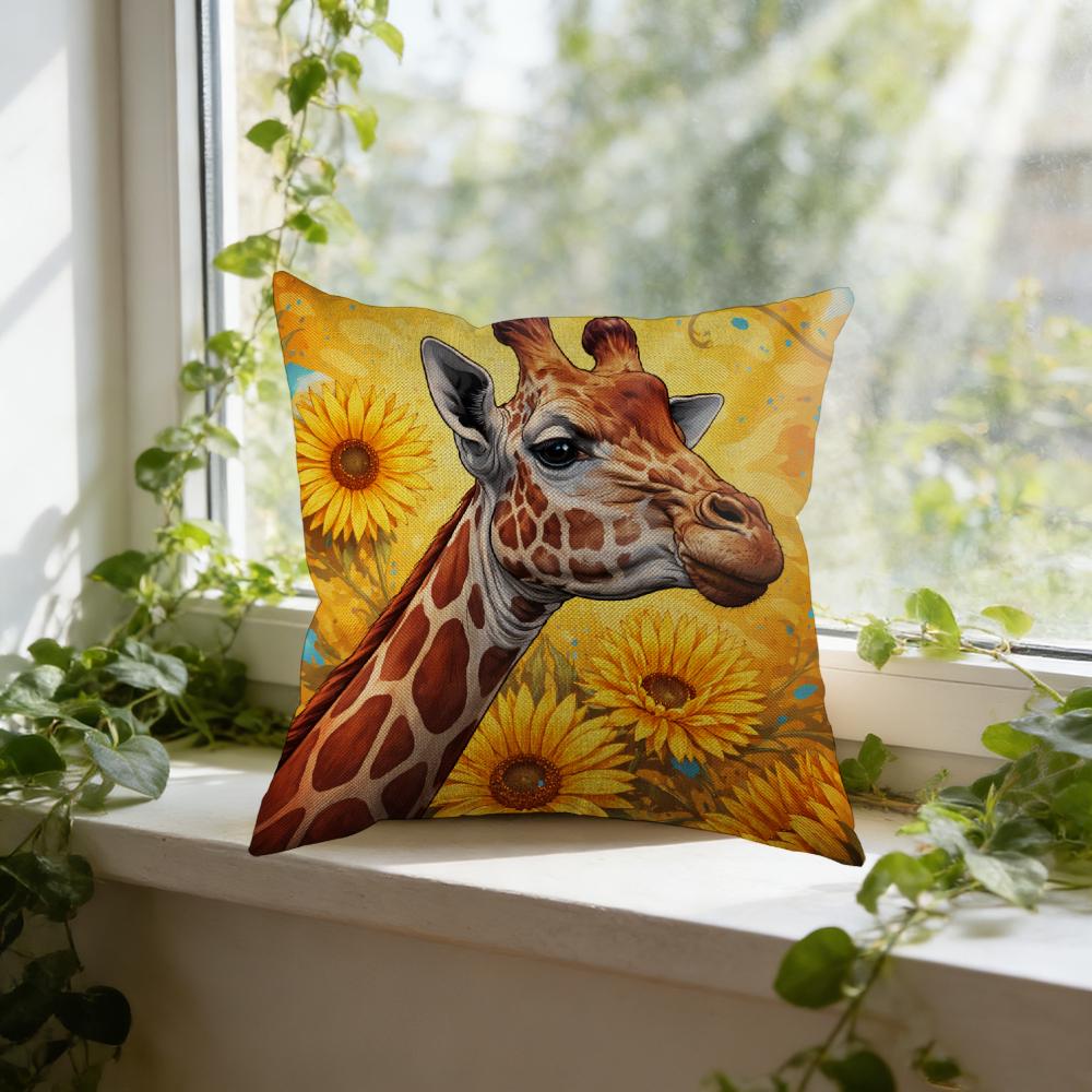 Square Pillow Case Yellow Giraffe And Sunflower Print Decorative Cushion Cover For Living Room Bedroom Window Seat