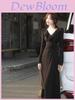 French Black Knit Long Sleeve Dress With Waist Tie For Spring Vacation Wear