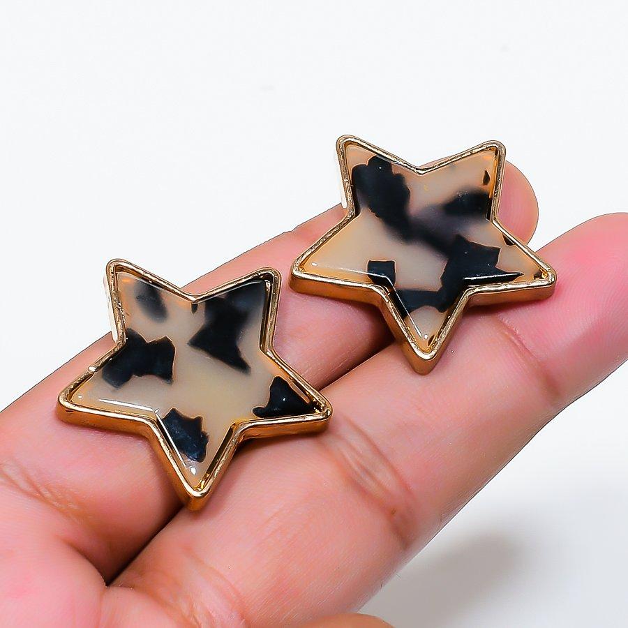 Natural Dendrite Opal Gemstone Brass Jewelry Earring 1.10  RE-285