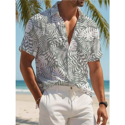 Erkek Bitki Baskılı Tatil Stili Kısa Kollu Düğmeli Gömlek Dış Mekan Tatil Plaj Yaz Devrik Yaka Tişört Spandeks Hawaii Gömlekleri