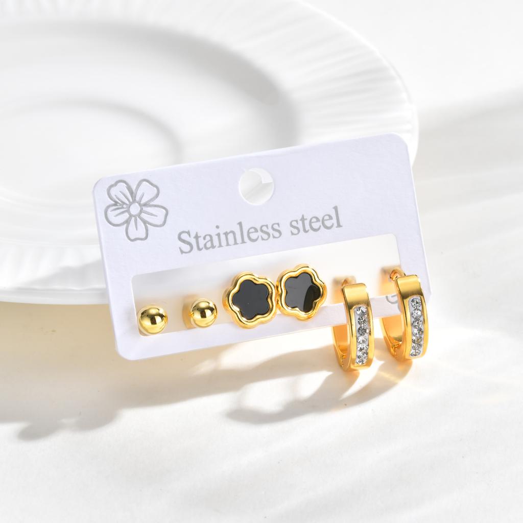 Earrings Set Gold Plated Stainless Steel Black Flower Studs CZ Hoop Earrings for Women Multiple Piercing Jewelry