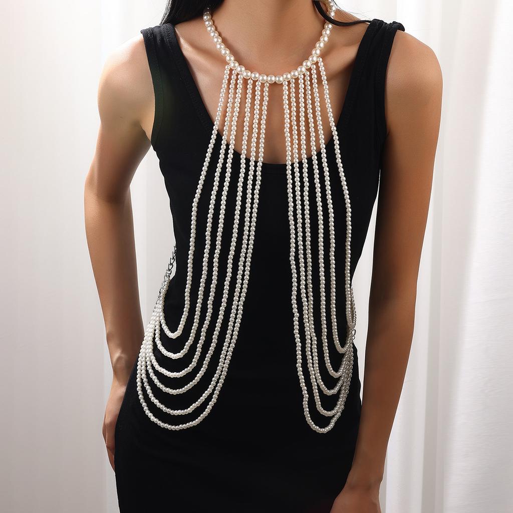 European and American women's multi-layer pearl body chain fashionable personalized beaded chest chain retro hollow body jewelry