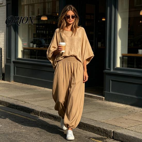 Loose Fit Women Set Women's 2 Piece Sets, Crew Neck Batwing Sleeve Top Two-piece And Lantern Pants Summer Travel Vacation Outfits with Pockets Suit