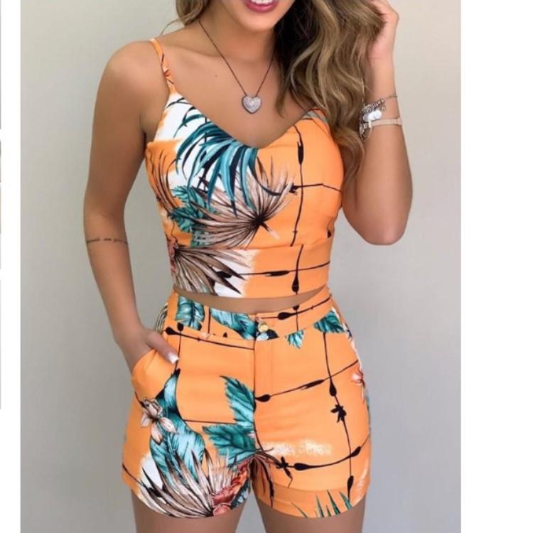European and American Women's Summer Spaghetti Strap Slim-Fit Printed Shorts Set