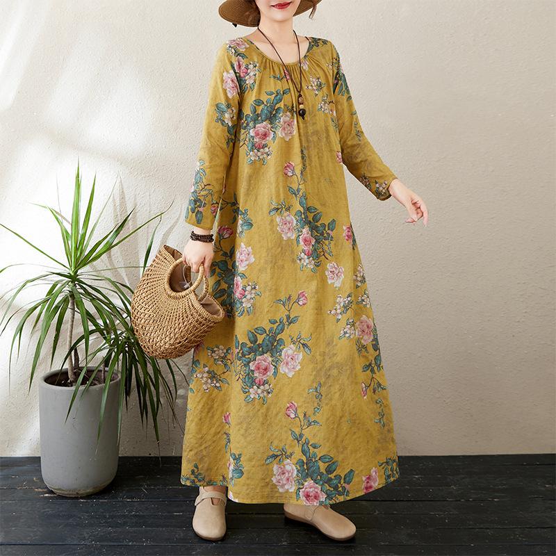 

Осеннее литературное платье больших размеров с принтом, свободным круглым вырезом и длинными рукавами для женщин, платья XXL