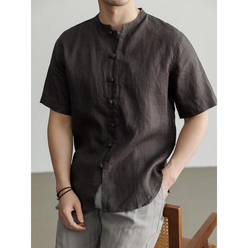 Hengyuanxiang Men's Linen Short-Sleeve Lapel Shirt