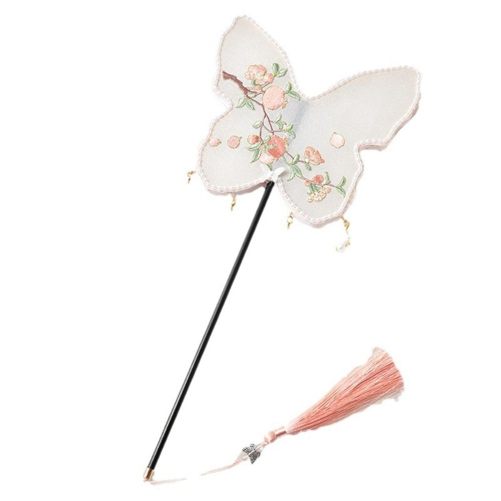 Handmade Embroidery Ancient Style Long Handle Fan Classical Flower Shape Fan  Summer