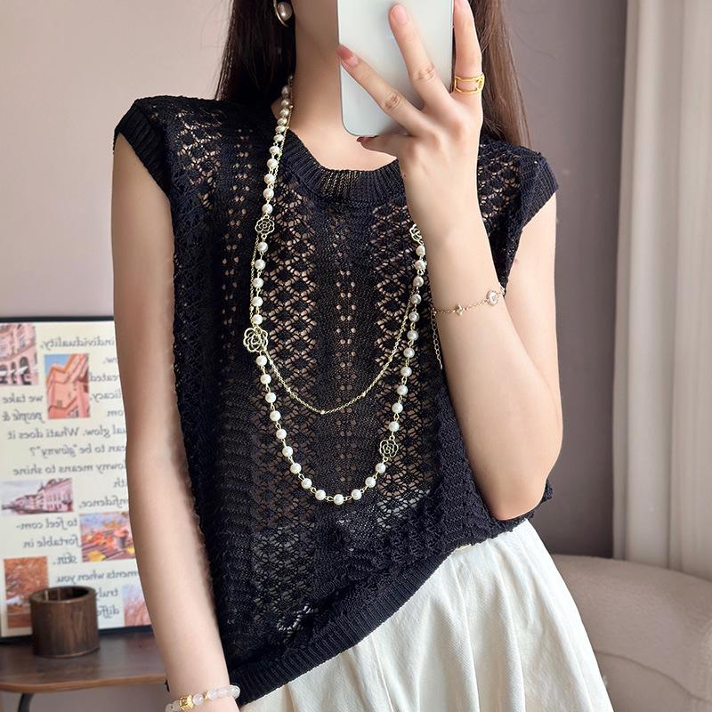 Women s Summer Round Neck Knit Sleeveless Hollow Vest - Solid Color Loose Camisole Large