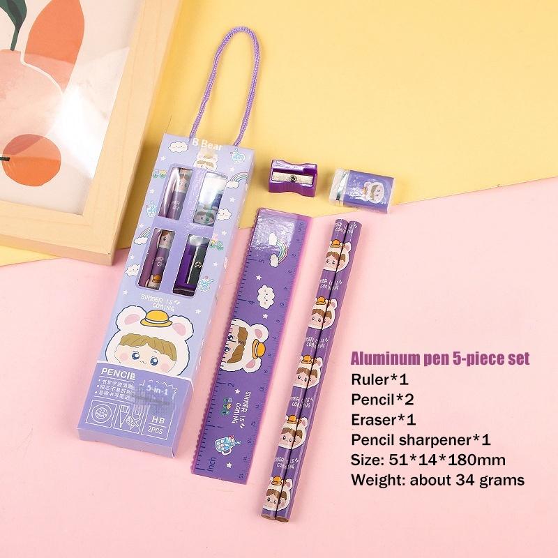 5 In 1 Pencil Set Portable Stationery Prize Cute Cartoon Stationery Gift Box Set School Supplies Writing Tool Stationery Set