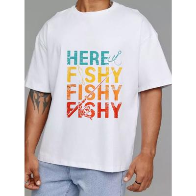 Camiseta Branca com Gola Redonda Here Fishy Fishy Fishy Gráfico de Vara de Pesca e Anzol para Atividades ao Ar Livre e Uso Casual