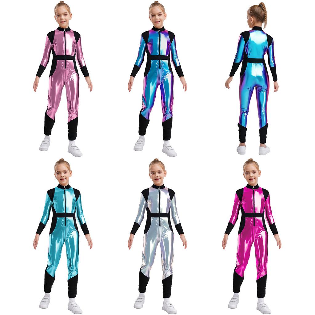 Kinder Kostüm Außerirdischer Overall Langarm Hohe Taille Glänzend Metallisch Reißverschluss Design Halloween Cosplay Bodysuit