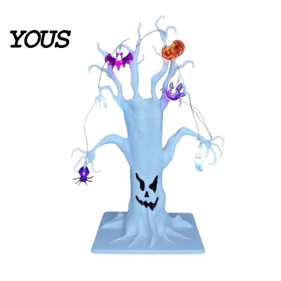 Portable Halloween Night Light Lighted Spooky Dead Tree Tabletop Decor, Ghost Face Haunted Resin Ornaments with Pumpkins Pumpkin Spider LED