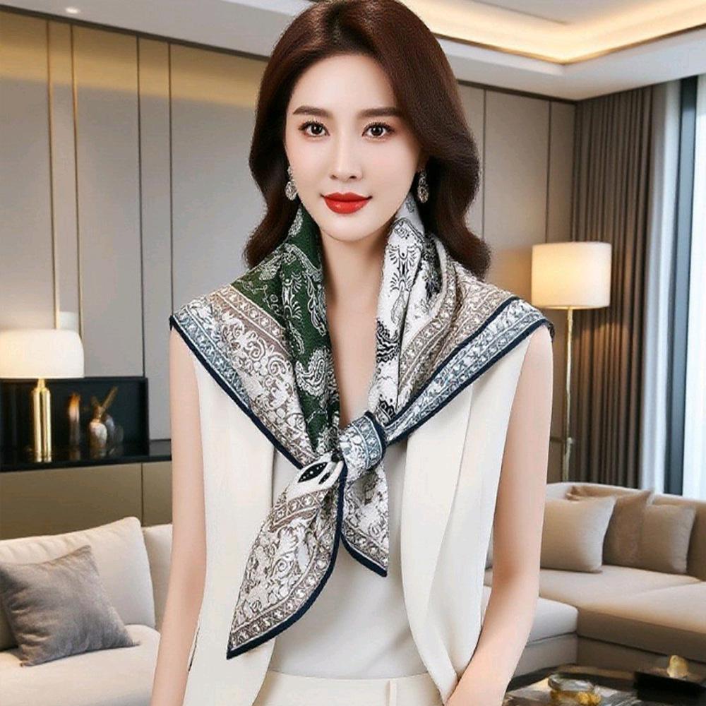 Women's Green French Paisley Silk-Wool Scarf, 70 cm Square, Double-Sided Print, High Quality