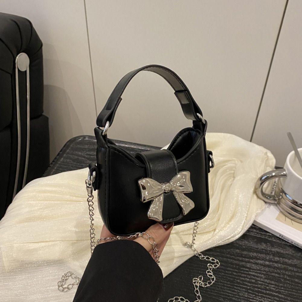 Pu Leather Bow Buckle PU Bag Mini Women's Shoulder Bag Trendy Silver Bucket Bag Makeup Bag
