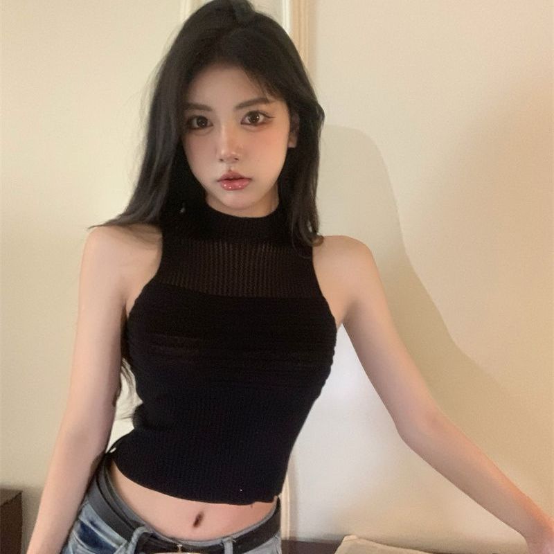 High Neck Hollow Ice Silk Camisole Tank Top for Women Summer Pink Halter Neck Slim Fit Short Style Knitted Sleeveless Top