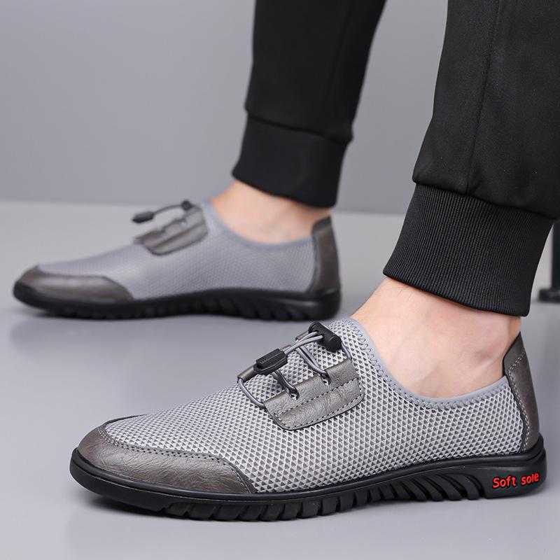 Men's business casual shoes summer breathable mesh hollow thin men's shoes elastic band wear a foot lazy shoes