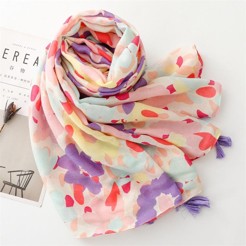 Women's Herringbone Pattern Scarf with Colorful Flowers and Tassels - Soft Cotton Linen Feel