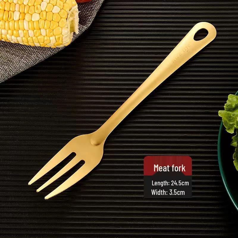 Korean Style Gold-Plated Stainless Steel Kitchen Utensil Set: Non-Magnetic Ladle, Slotted Spoon, and Frying Spatula.