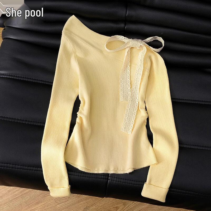 Women s One-Shoulder Bow-Knot Slim-Fit Knit Top S