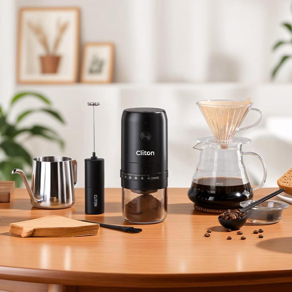 CLITON Electric Coffee Grinder, Hand-Crank Coffee Bean Grinder, Pour-Over Coffee Maker with Filter Cup And Pour-Over Kettle Set