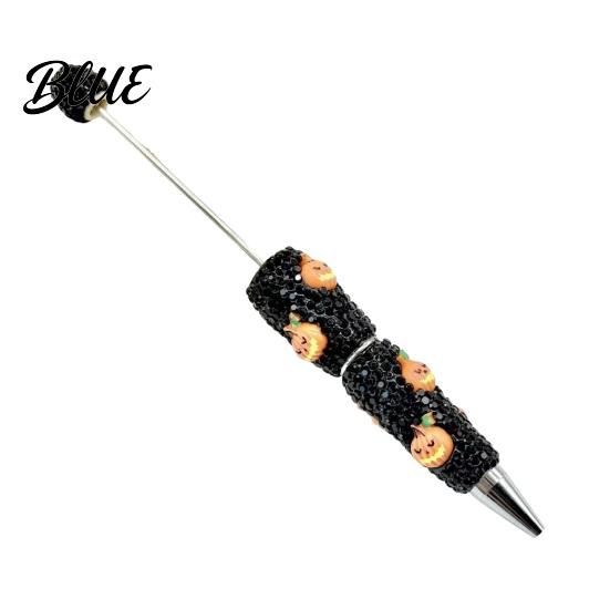 Rhinestone Writing Pen Beadable Pen Glitter Plastic Beaded Halloween Pumpkin Ghost Skull Smooth Gel Ink for DIY Craft Making School Office Supplies