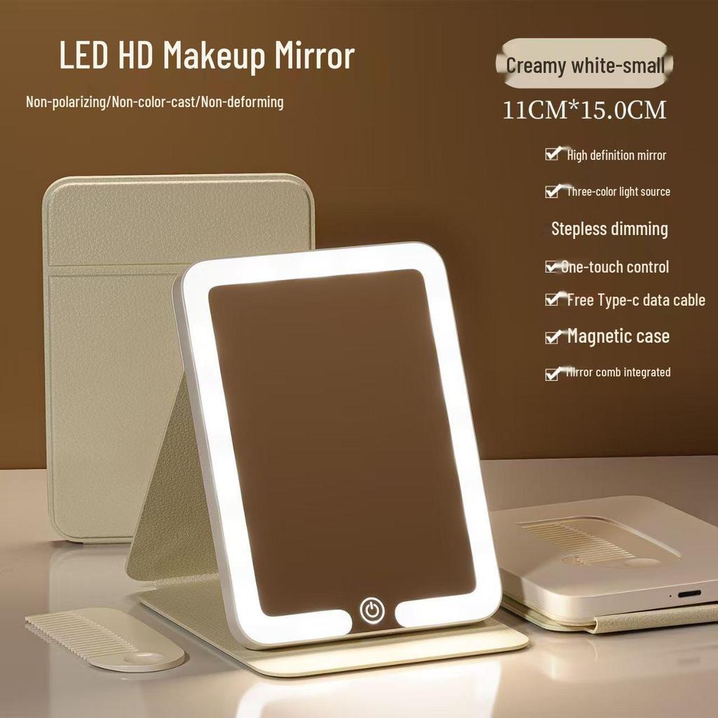 LED Folding Makeup Mirror with Comb – Compact, Lighted, and Convenient for Desktop Use