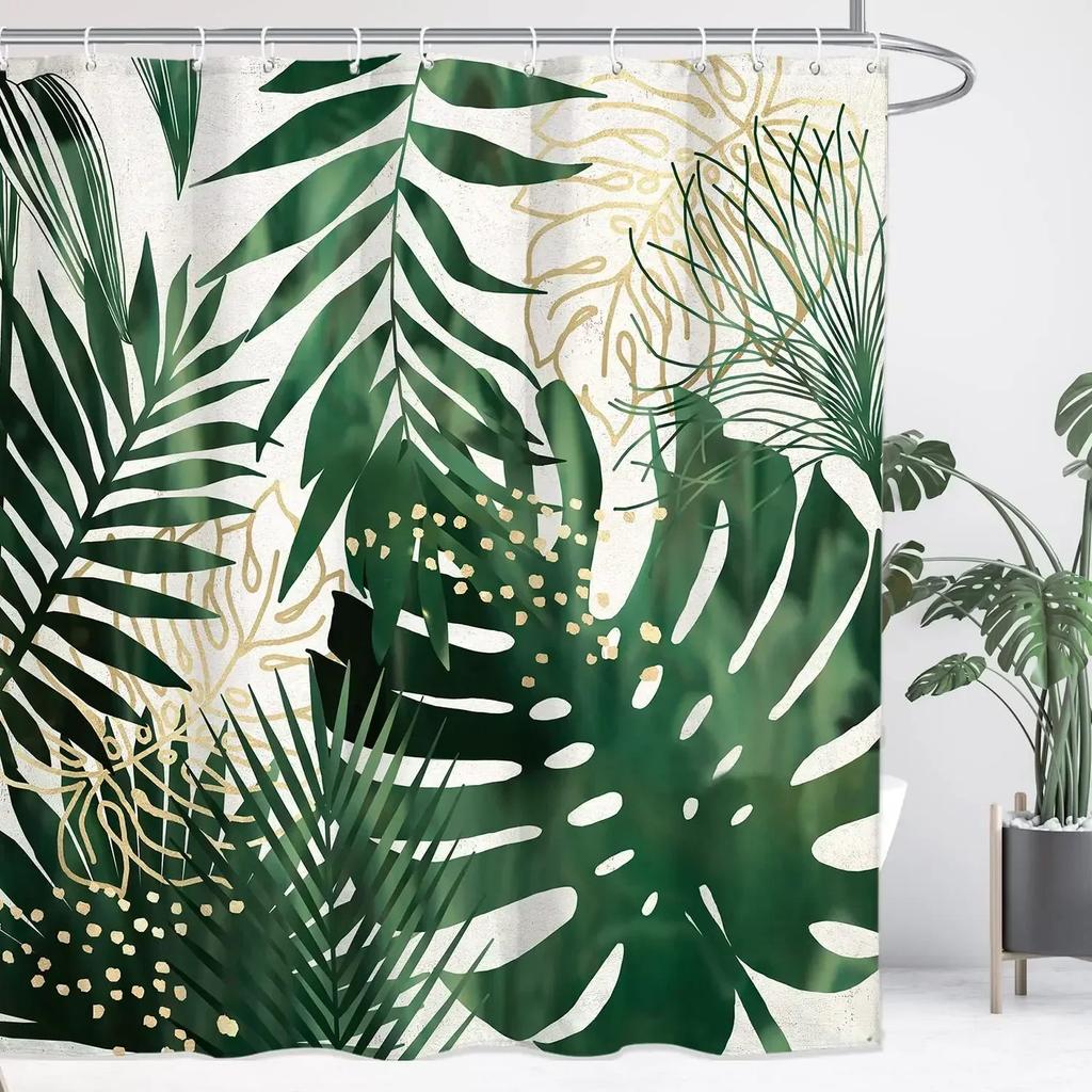 Green Hawaii Tropical Shower Curtain Green Gold Tropical Leaves Plant Fabric Bathroom Curtain Botanical Jungle Bath Curtain Set