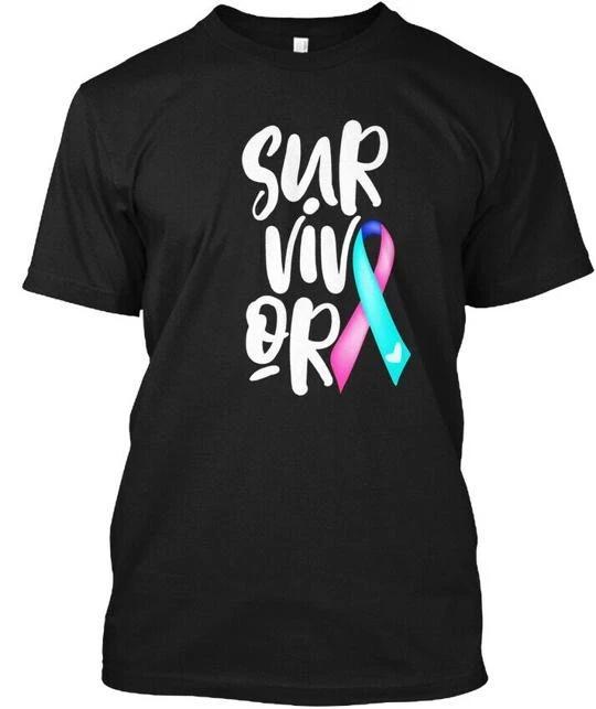 

Thyroid Cancer Survivor Blue Pink Awareness Ribbon T shirt Made In USA S To 5XL L