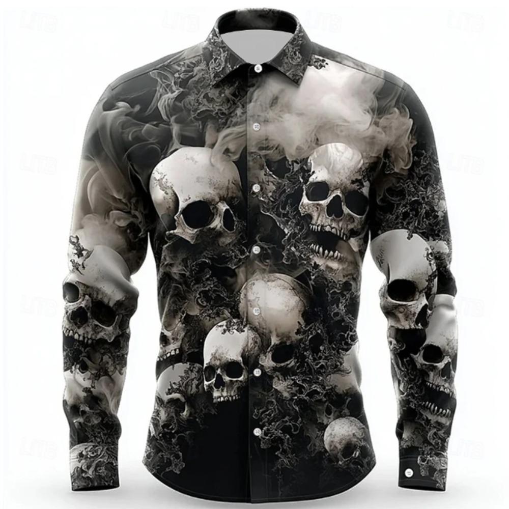 Men's Skull Printed Long Sleeve Shirts Casual Cardigan New Button Holiday Fashion Shirts