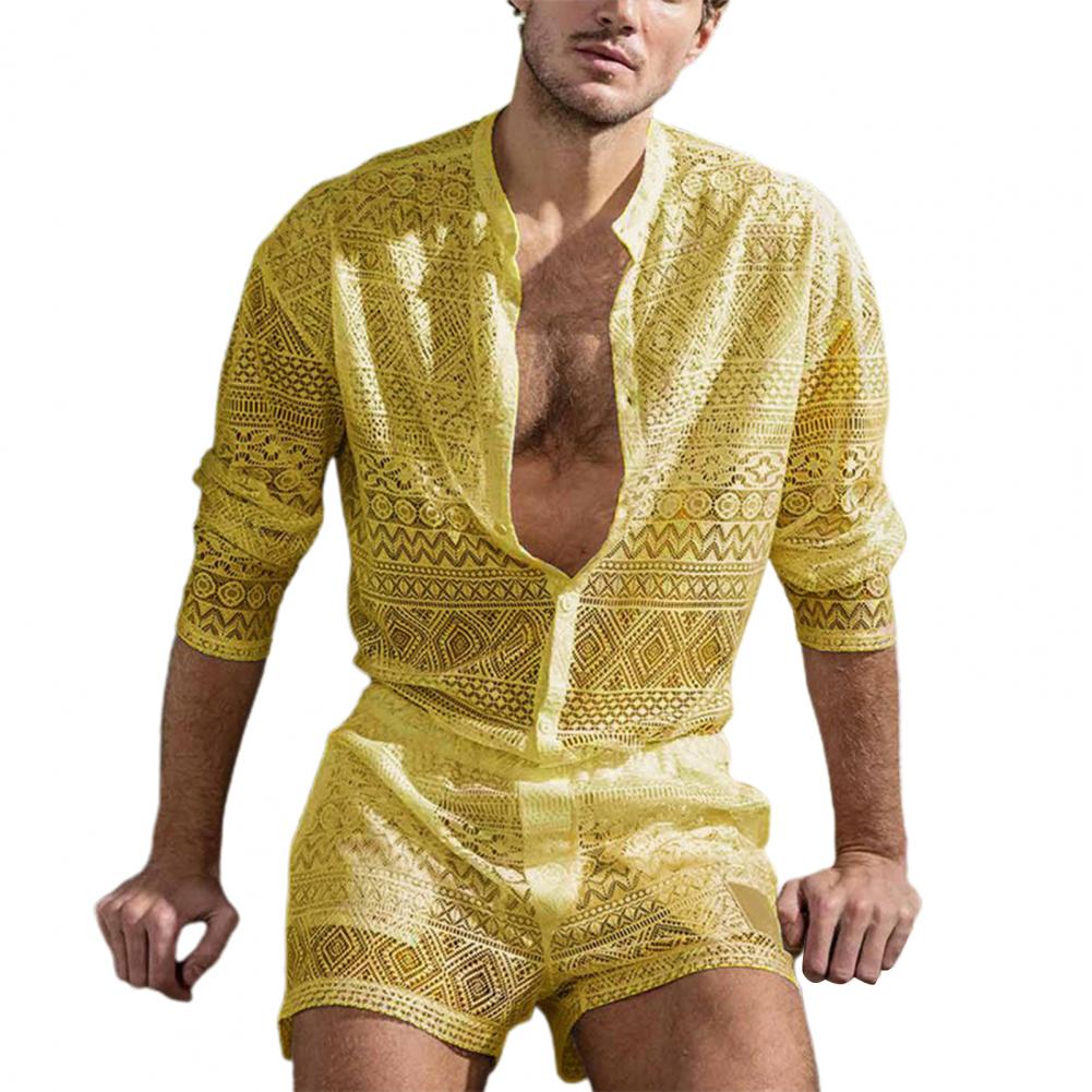 1 sada Populární pánský outfit Sexy muži Top šortky Hollow Out Průhledné Háčkované Košile Šortky Single Breasted
