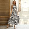 Summer French Floral A-Line Skirt Suspender Lace-Up Long Sleeveless Halterneck Dress For Women