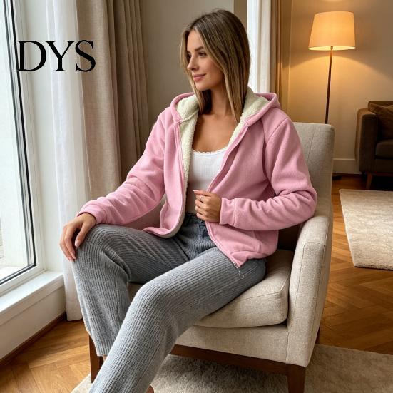 Casual Hooded Coat Women Fleece Jacket with Pockets, Fall Winter Zip-Up Pockets Coat, Loose Fit Warm Thickened Outerwear for Lady