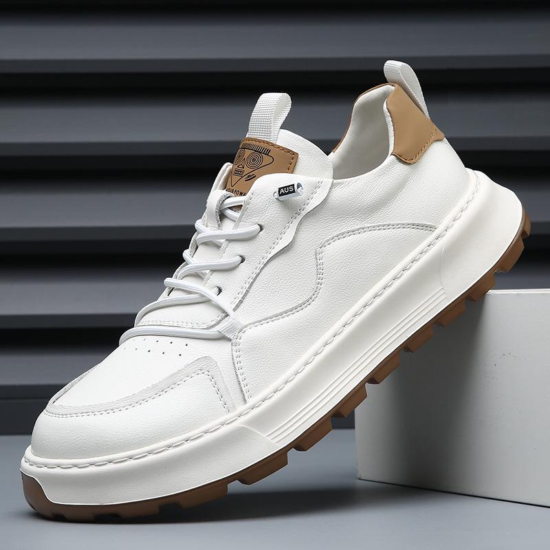 European Station Leather Men's Shoes Platform Breathable Casual Shoes Men's 2025 Autumn Trend Clown Shoes New White Shoes