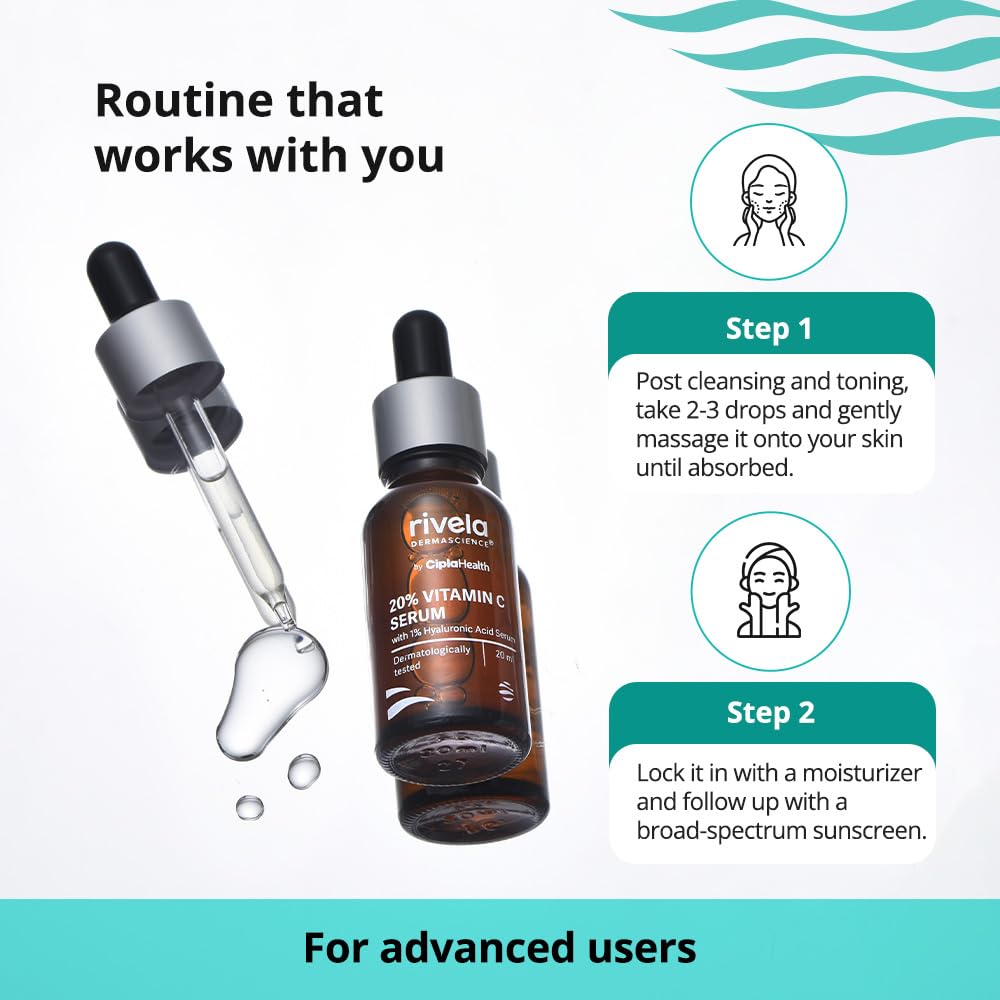 Rivela Dermascience 20% Vitamin C Serum With 1% Hyaluronic Acid For Bright, Even Skin Tone 20ml