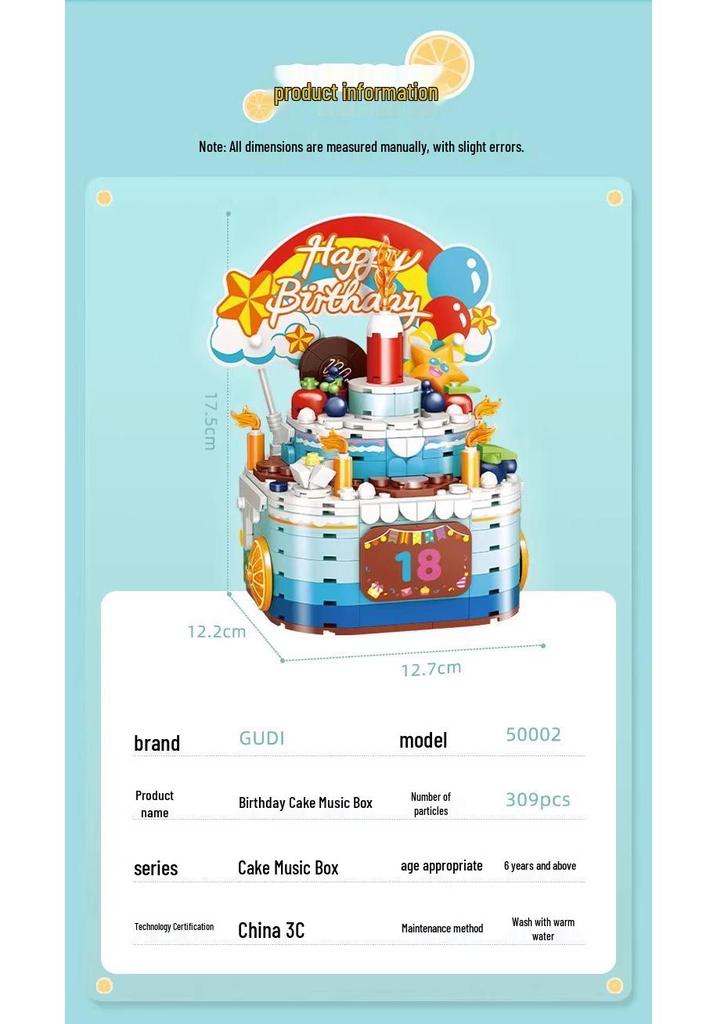 Gudi 50002 Geburtstagstorte Spieluhr Spielzeug Bausteine - Ineinandergreifender Aufbau Geschenk für Kinder