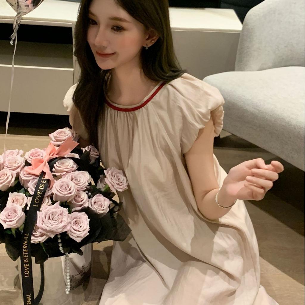 [Casual Minor] Cotton Dress Sweet Vacation Style Loose Nightdress Backless Lace Contrasting Color Silkworm Weisi