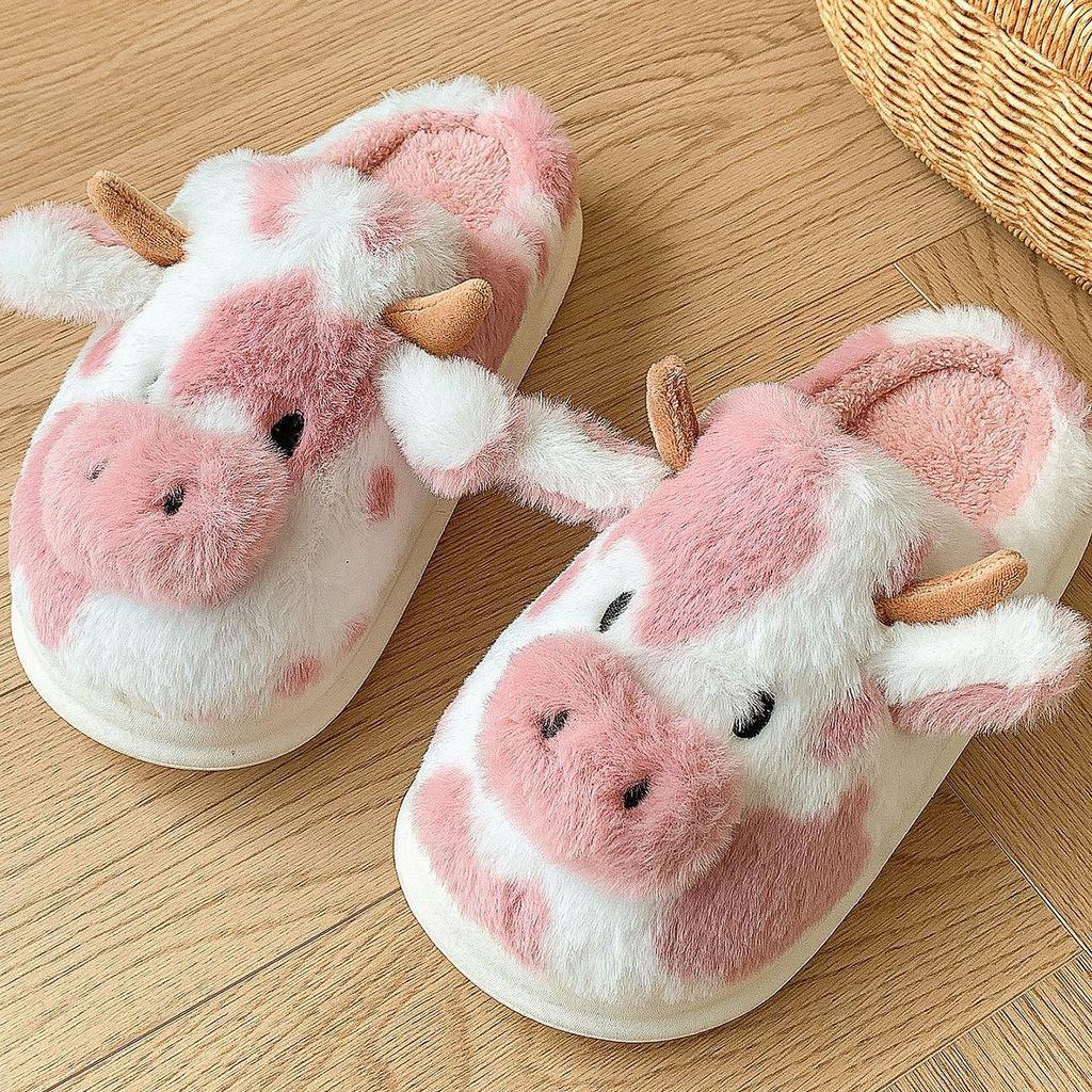 Cartoon Cow Furry Slippers with Thickened Heel, Warm Non-Slip Indoor Winter Clogs