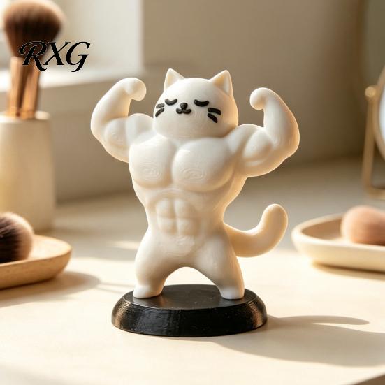 Novelty Gift for Cat Lovers 3D Printed Muscle Figurine, Funny Strong Animal Desk Ornament Home Office, Creative Sculpture with Base, Unique