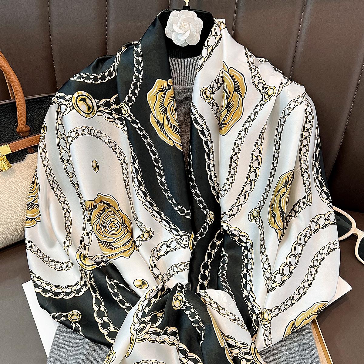 

New high-end black and white camellia long silk scarf commuter travel decoration long scarf with sunscreen shawl 180cm