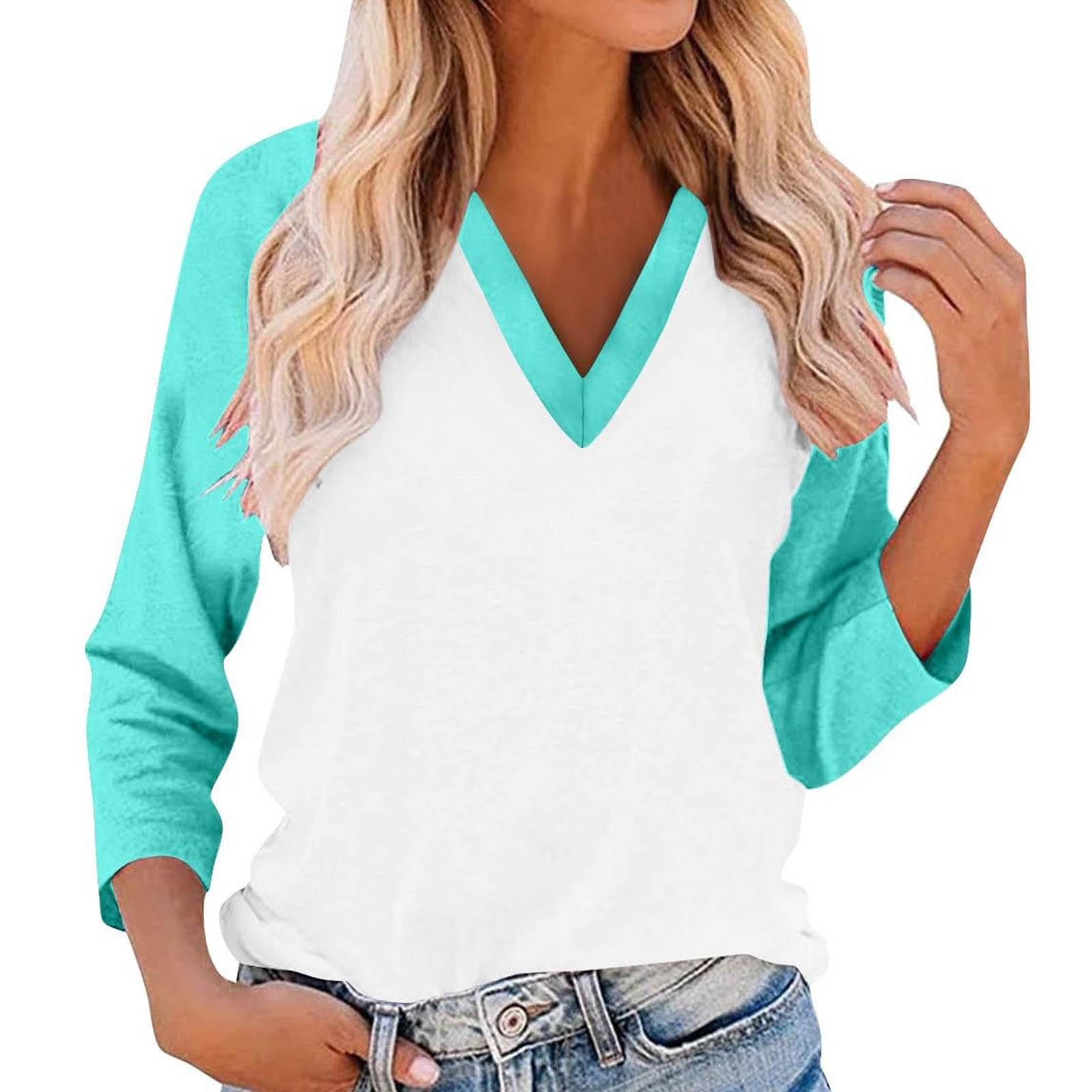 

Women s Casual And Fashionable Patchwork V-Neck Top With Seven Quarter Sleeves Top L
